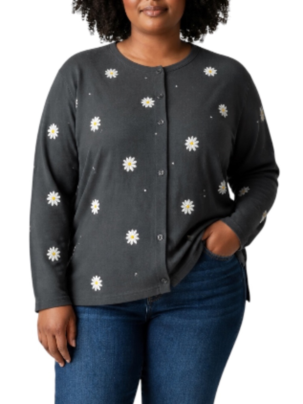 Vintage The Quacker Factory Womens Black Embroidered Daisy Button Cardigan